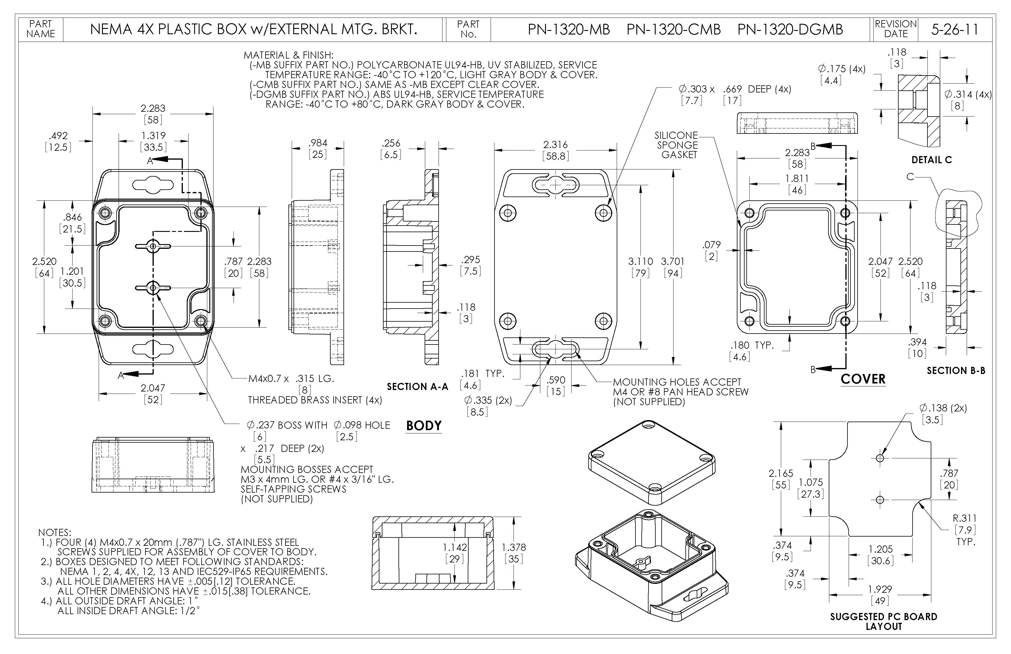 IP65 NEMA 4X Box with Clear Cover and Mounting Brackets PN1320CMB Bud Industries