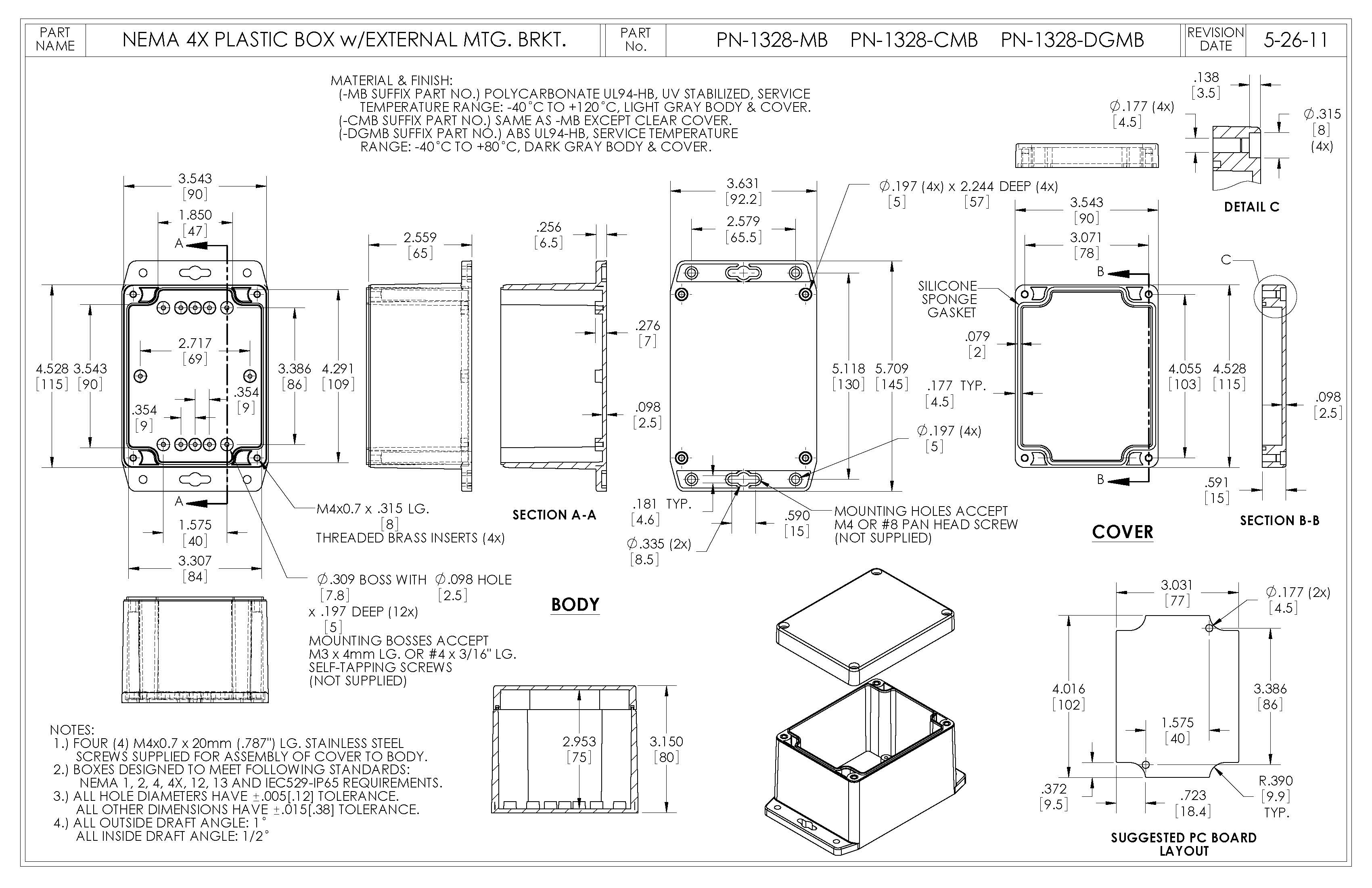 IP65 NEMA 4X Box with Mounting Brackets PN1328MB Bud Industries