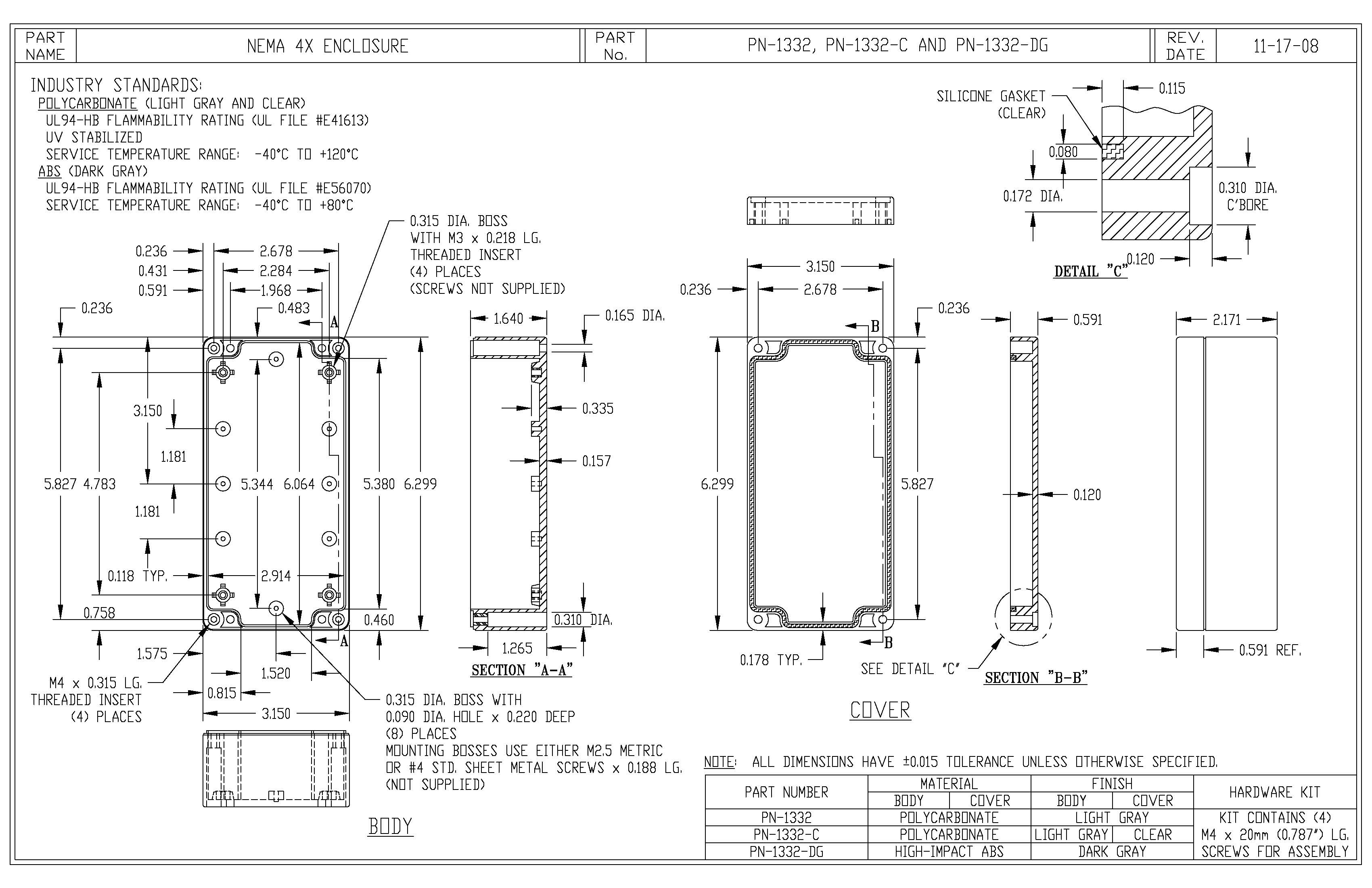 IP65 NEMA 4X Box with Clear Cover and Mounting Brackets PN1332CMB Bud Industries