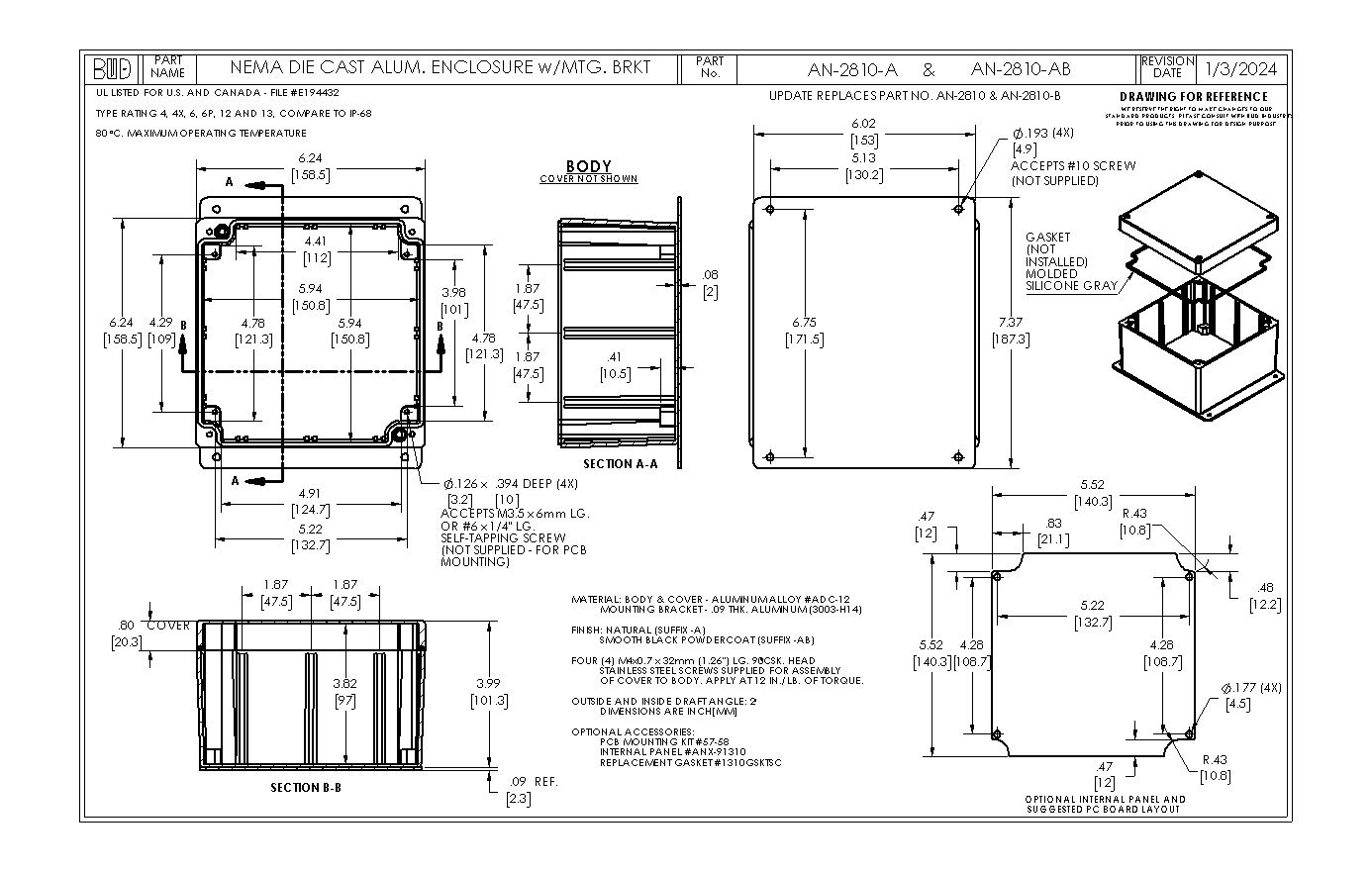 安永ページ Aluminum Enclosure with Mounting Flanges AN-2810-A - Bud Industries