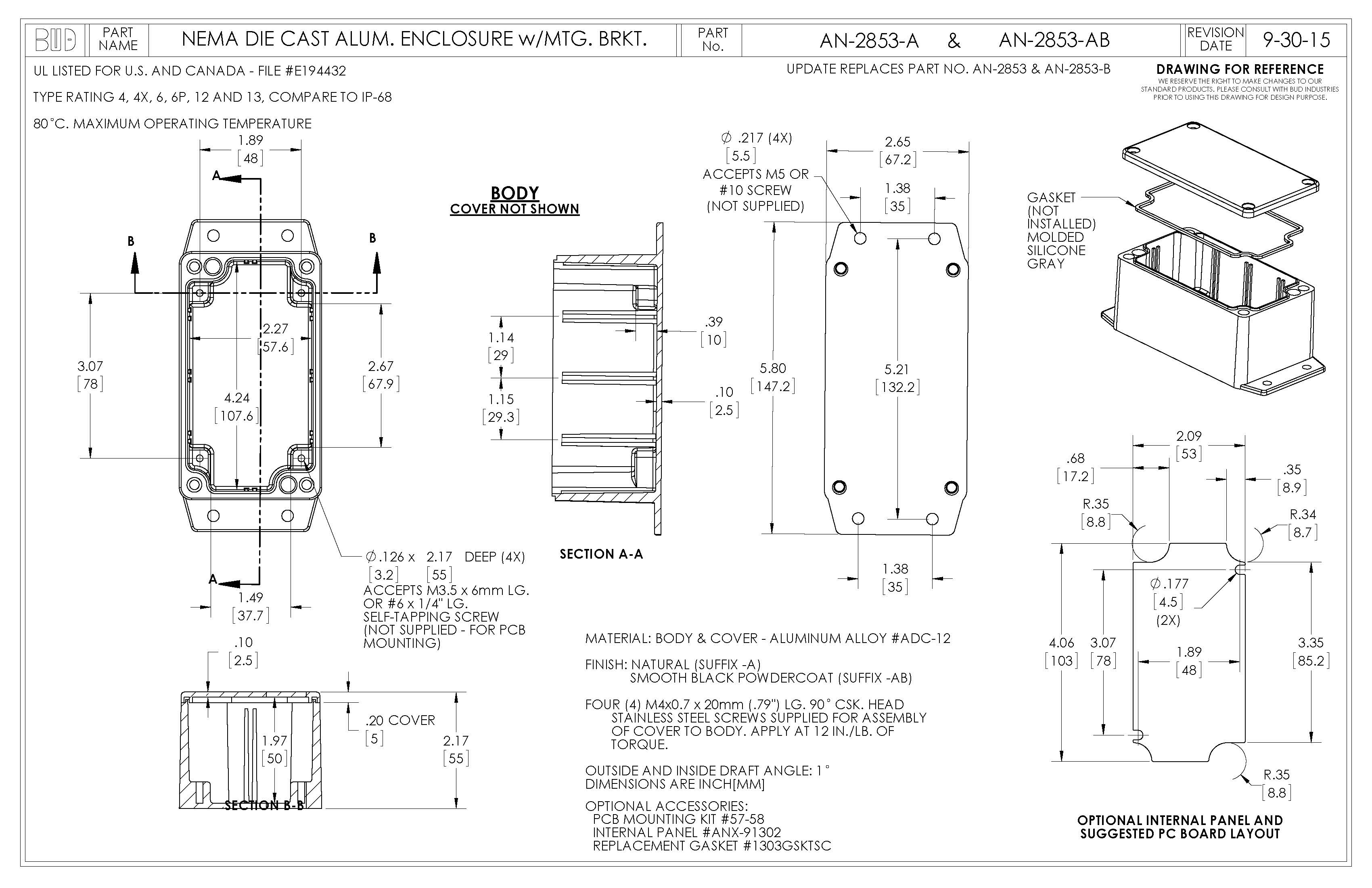 Aluminum Enclosure with Mounting Flanges AN-2853-A - Bud Industries