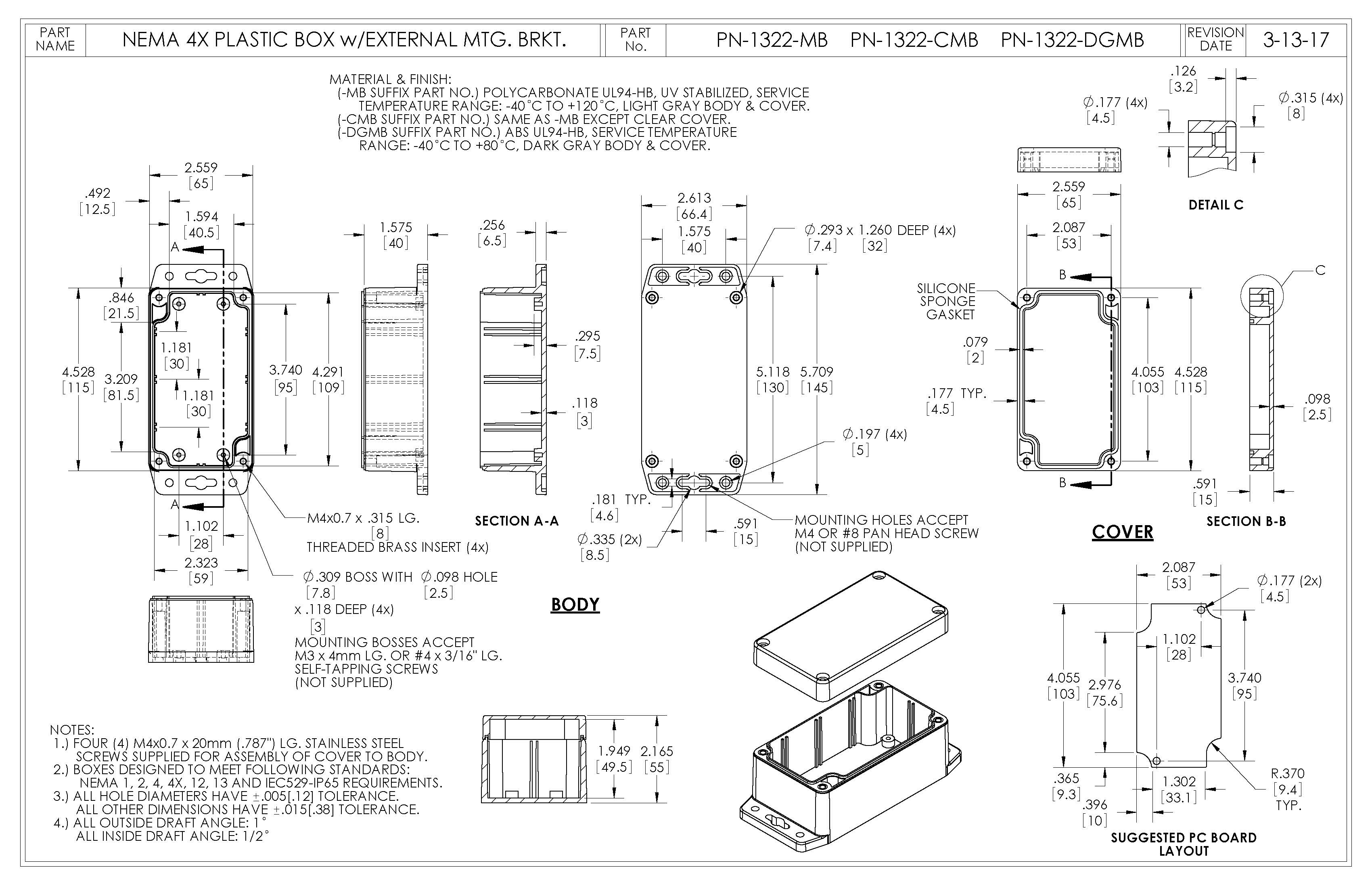 IP65 NEMA 4X Box with Clear Cover and Mounting Brackets PN1322CMB Bud Industries