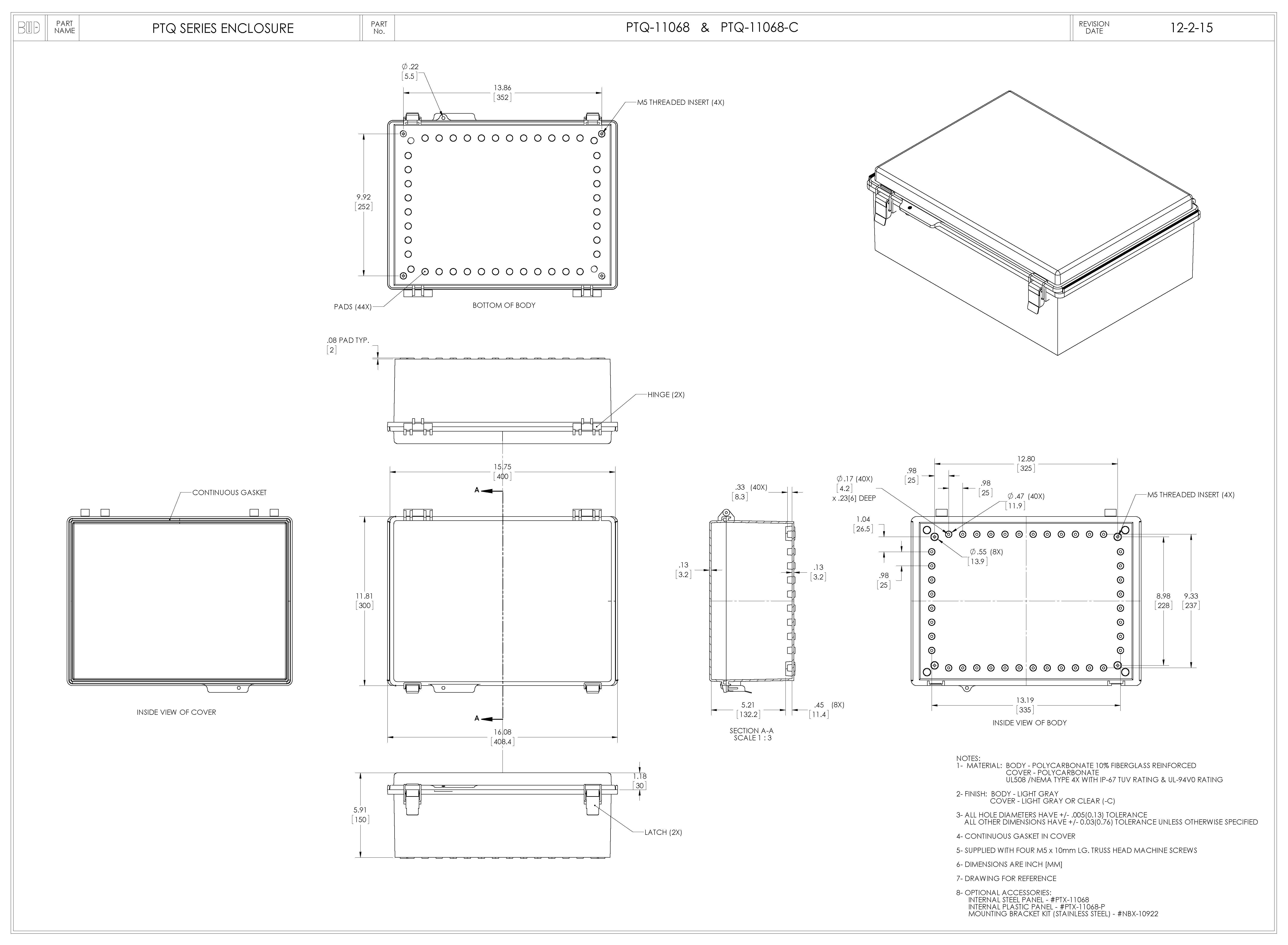 Fiberglass box with stainless steel latch PTQ-11068 - Bud Industries
