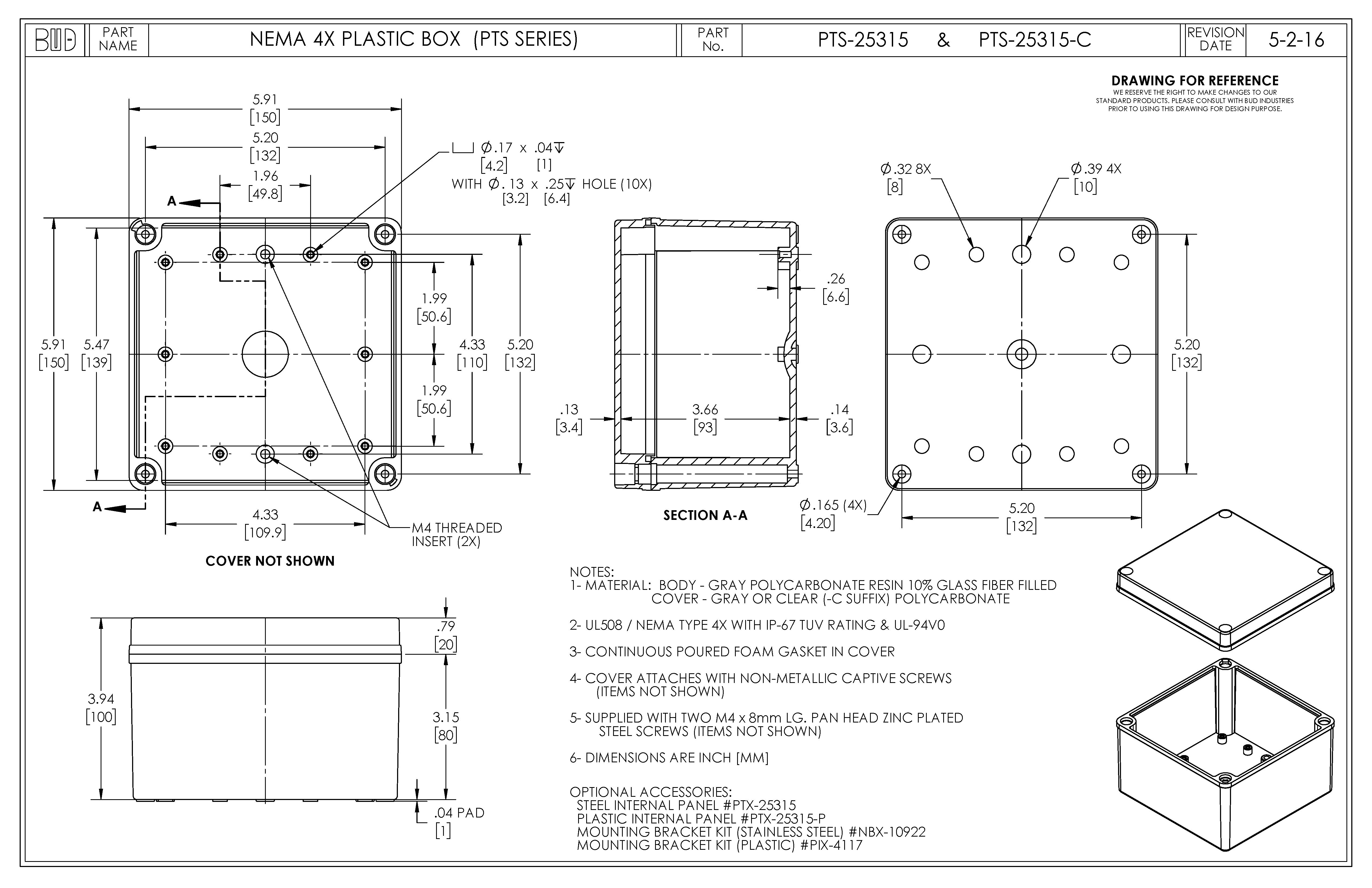 Fiberglass Box with Clear Cover PTS25315C Bud Industries