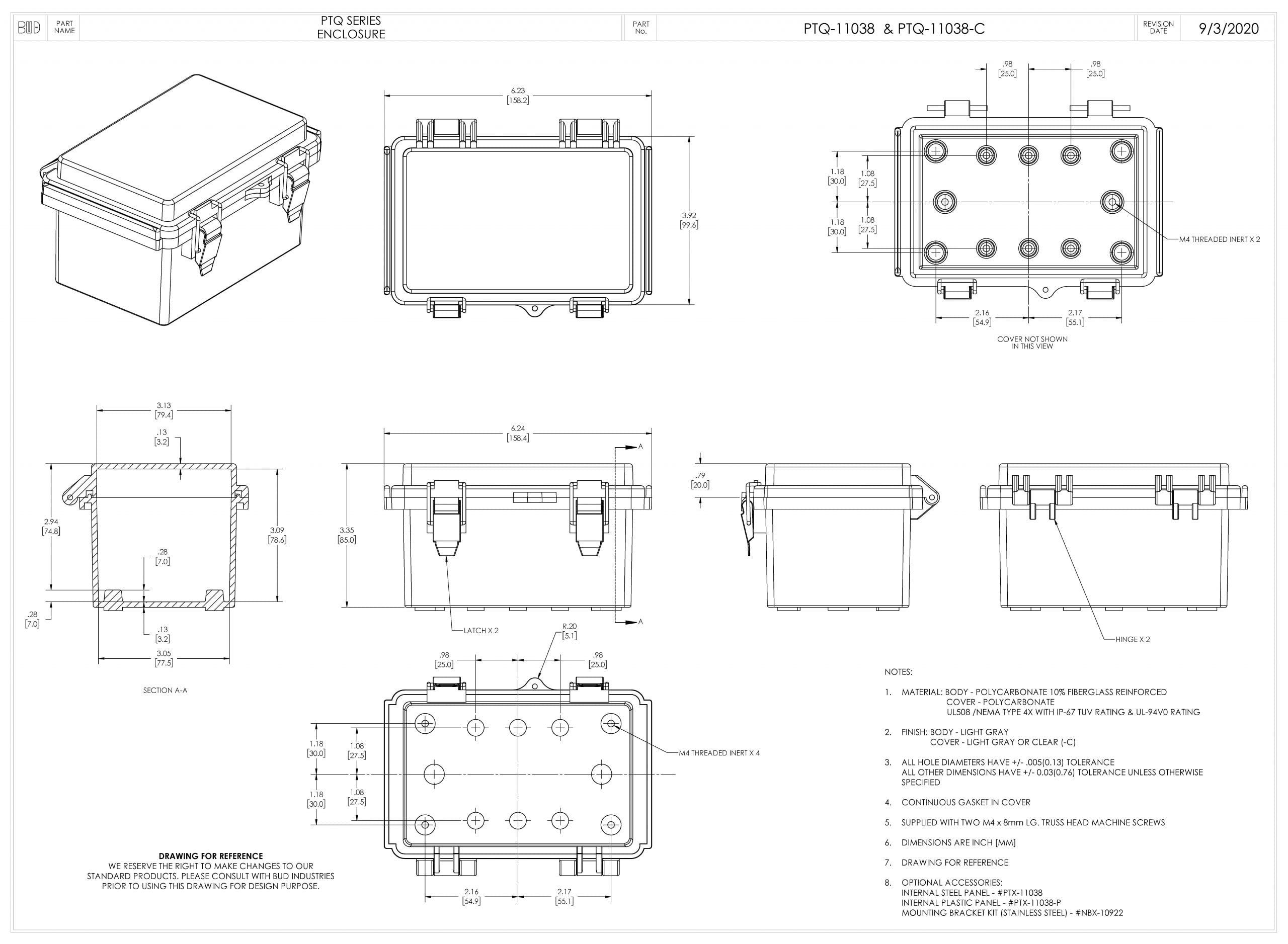 Fiberglass Box with Stainless Steel Latch PTQ-11038-C - Bud Industries