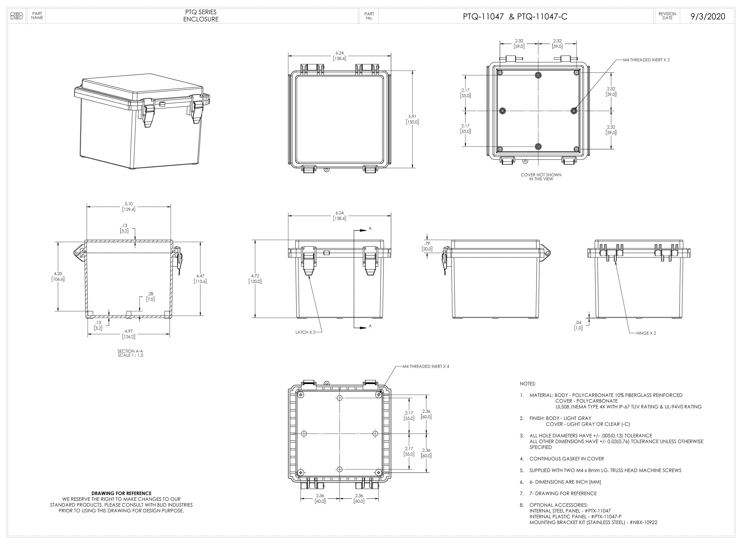 Fiberglass Box with Stainless Steel Latch PTQ-11047-C - Bud Industries